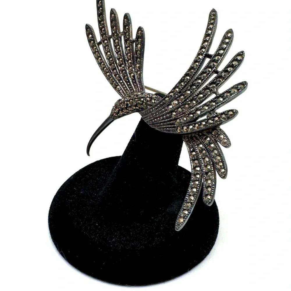 Judith Jack Sterling Silver and Marcasite Brooch Vintage Hummingbird Pin